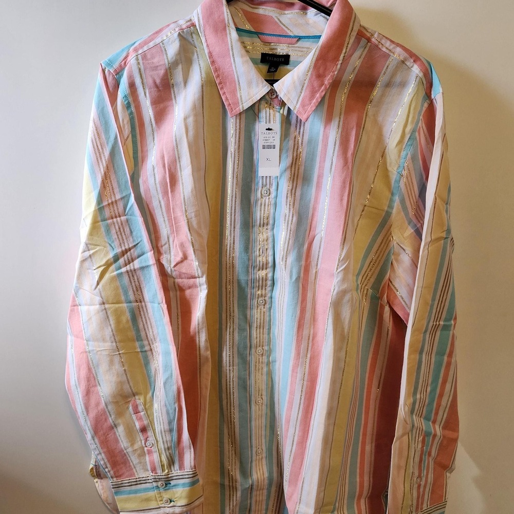 Talbots sunny stripe pattern in pink blue yellow white & metallic gold colors